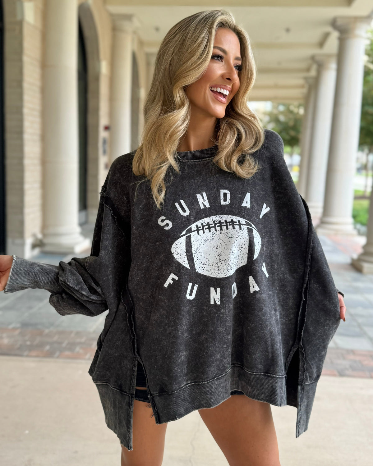 Exposed-Seam Black "Sunday Funday" Oversized Mineral-Washed Pullover
