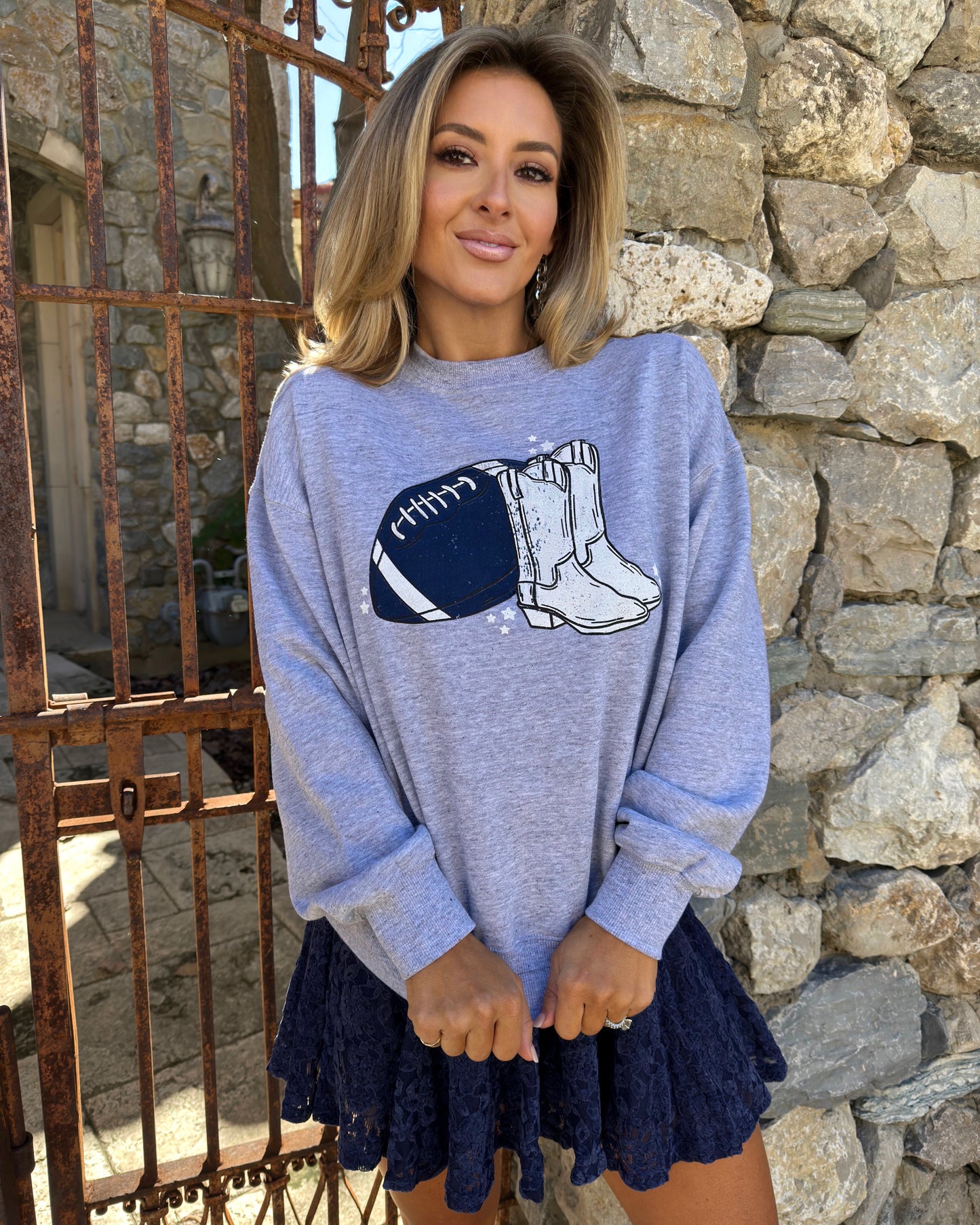 Navy Football + White Cowboy Boot Fleece-Lined Cozy Pullover