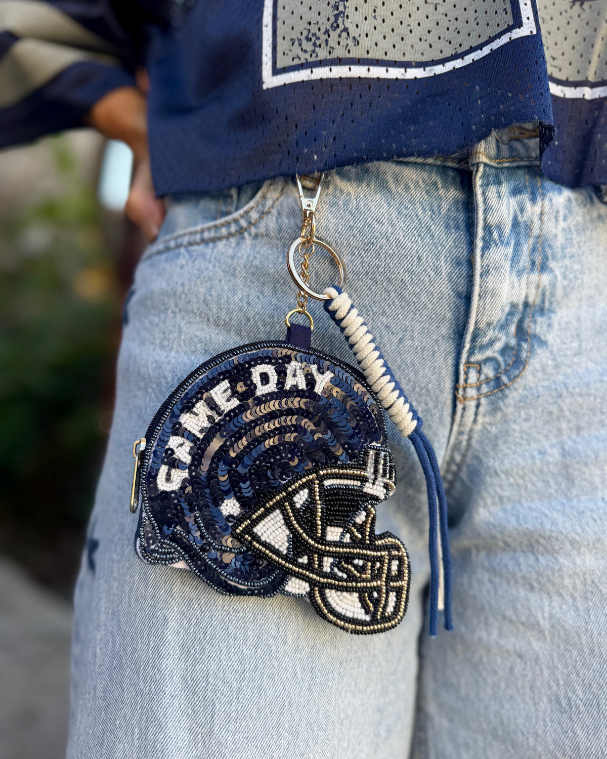 Sequin Navy Helmet Coin Purse Keychain