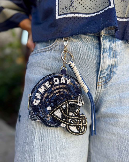 Sequin Navy Helmet Coin Purse Keychain