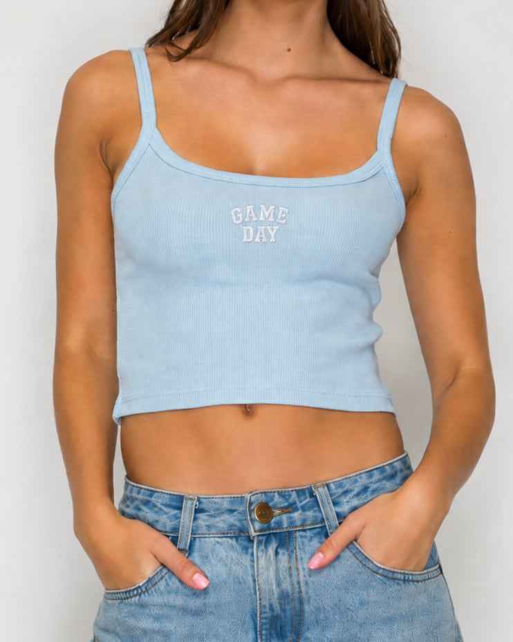 Blue "Game Day" Embroidered Mini Ribbed Tank