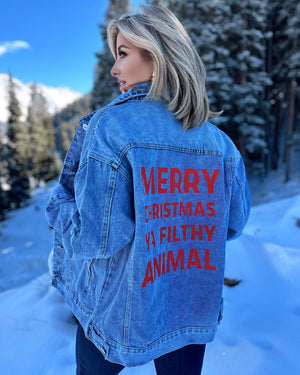 Merry Christmas Ya Filthy Animal Oversized Denim Jacket - Live Love Gameday®