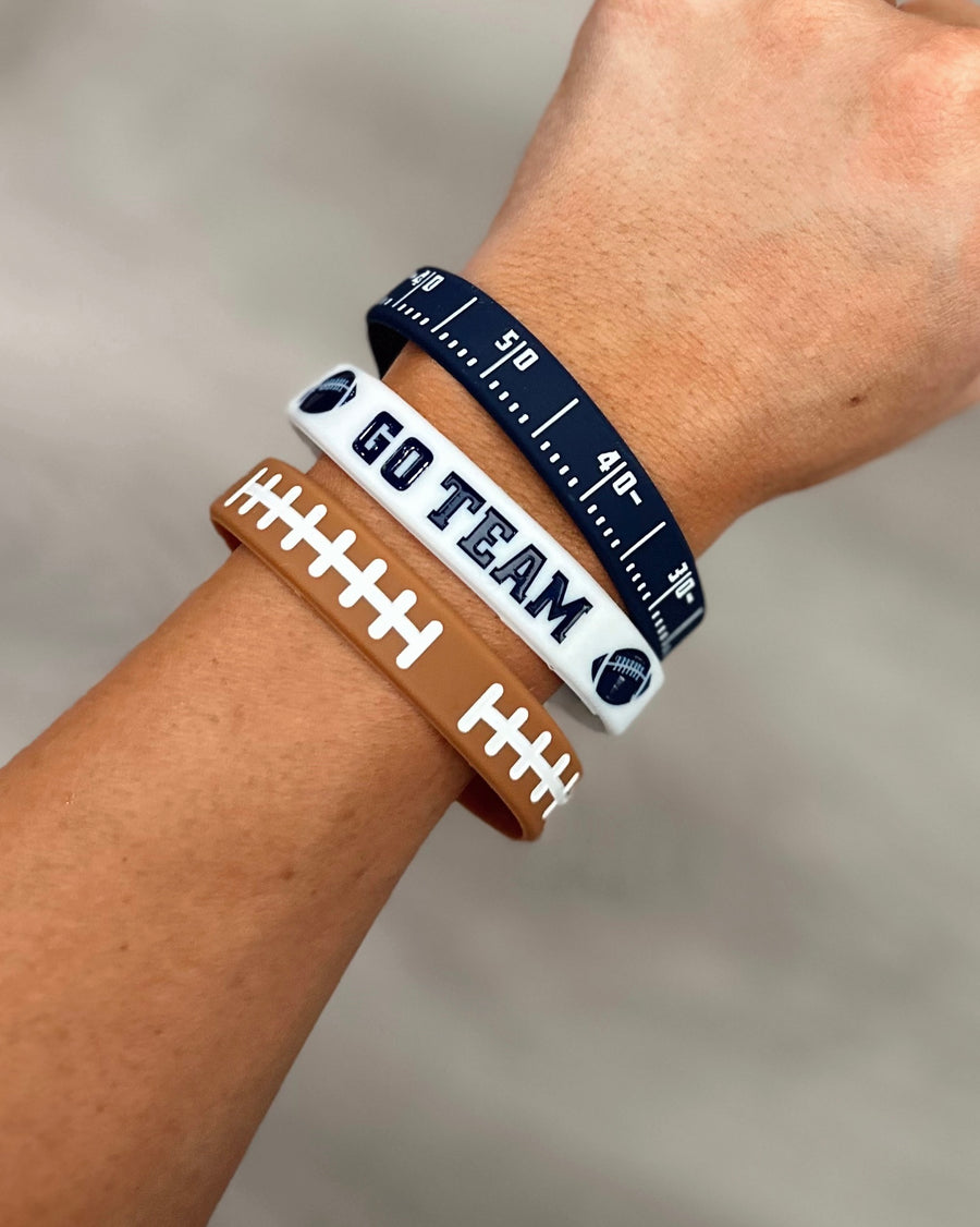 Navy Silicone FB Bracelet Set Of 3 (NAVY Yard Lines, Football Laces & NAVY Go Team) - Live Love Gameday®