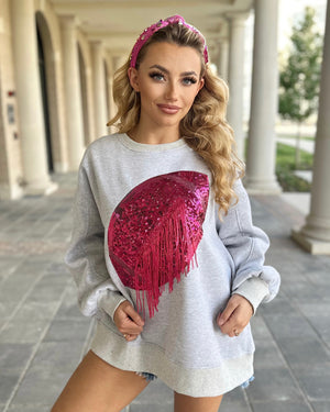 Gray/Hot Pink Sequin Fringe Football Pullover (Ships 10/20) - Live Love Gameday®