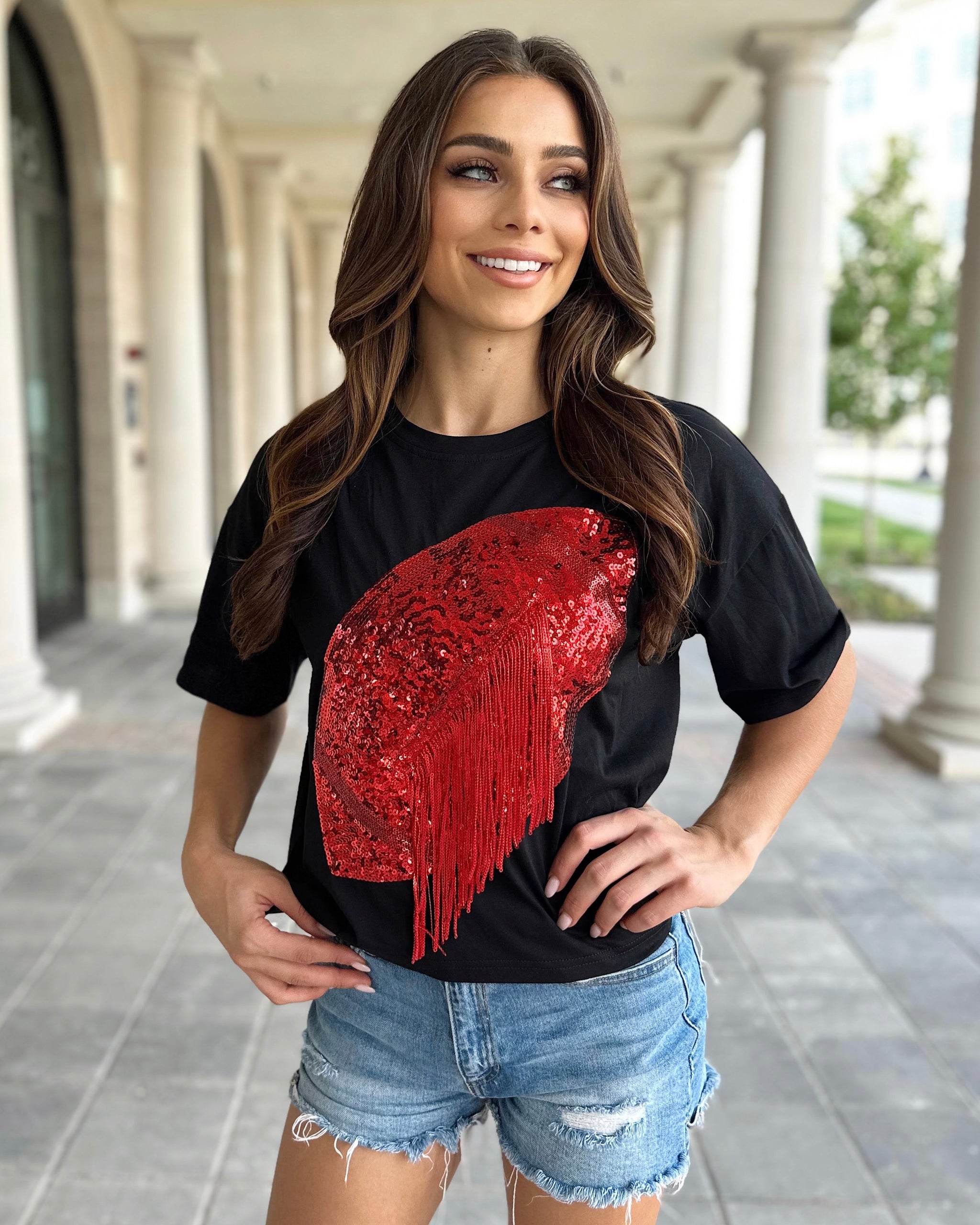 Ladies Cropped Sequin Scarlet T-Shirt