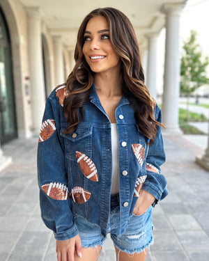 Deep Navy Corduroy Sequin Football Cropped Jacket (Ships 9/30) - Live Love Gameday®