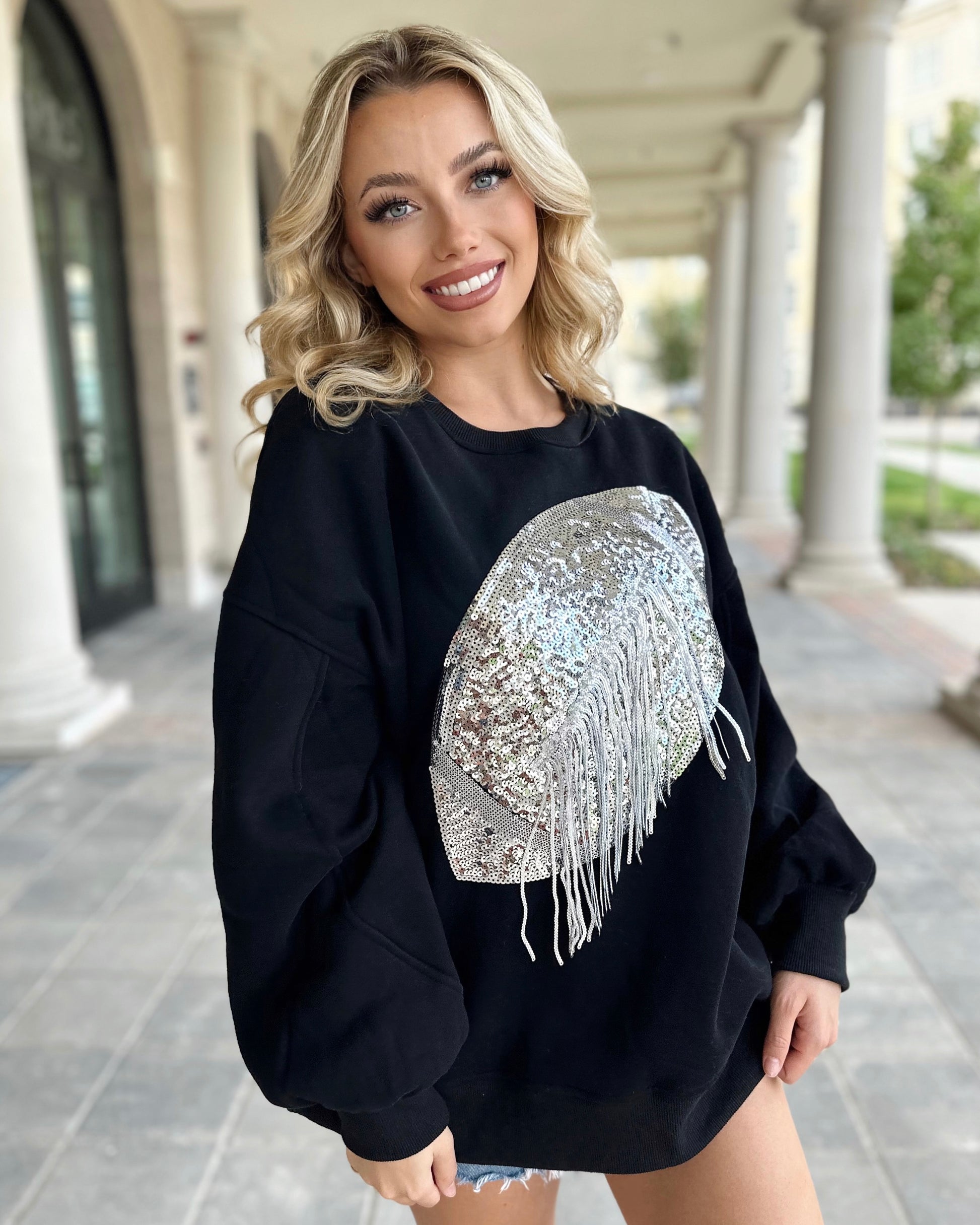 Black/Silver Sequin Fringe Football Pullover (Ships 10/20) - Live Love Gameday®