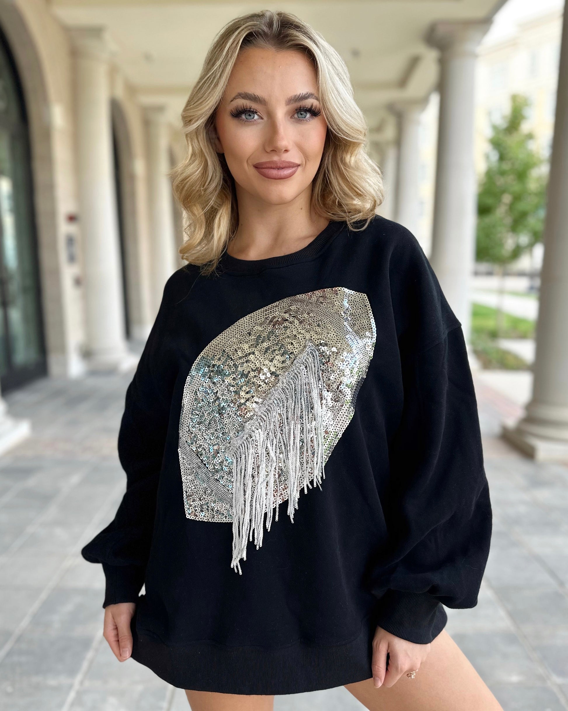 Black/Silver Sequin Fringe Football Pullover (Ships 10/20) - Live Love Gameday®