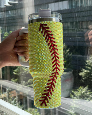 Crystal Softball Yellow/Red "Blinged Out" 40 Oz. Tumbler (Pre-Order Ships 9/20) - Live Love Gameday®