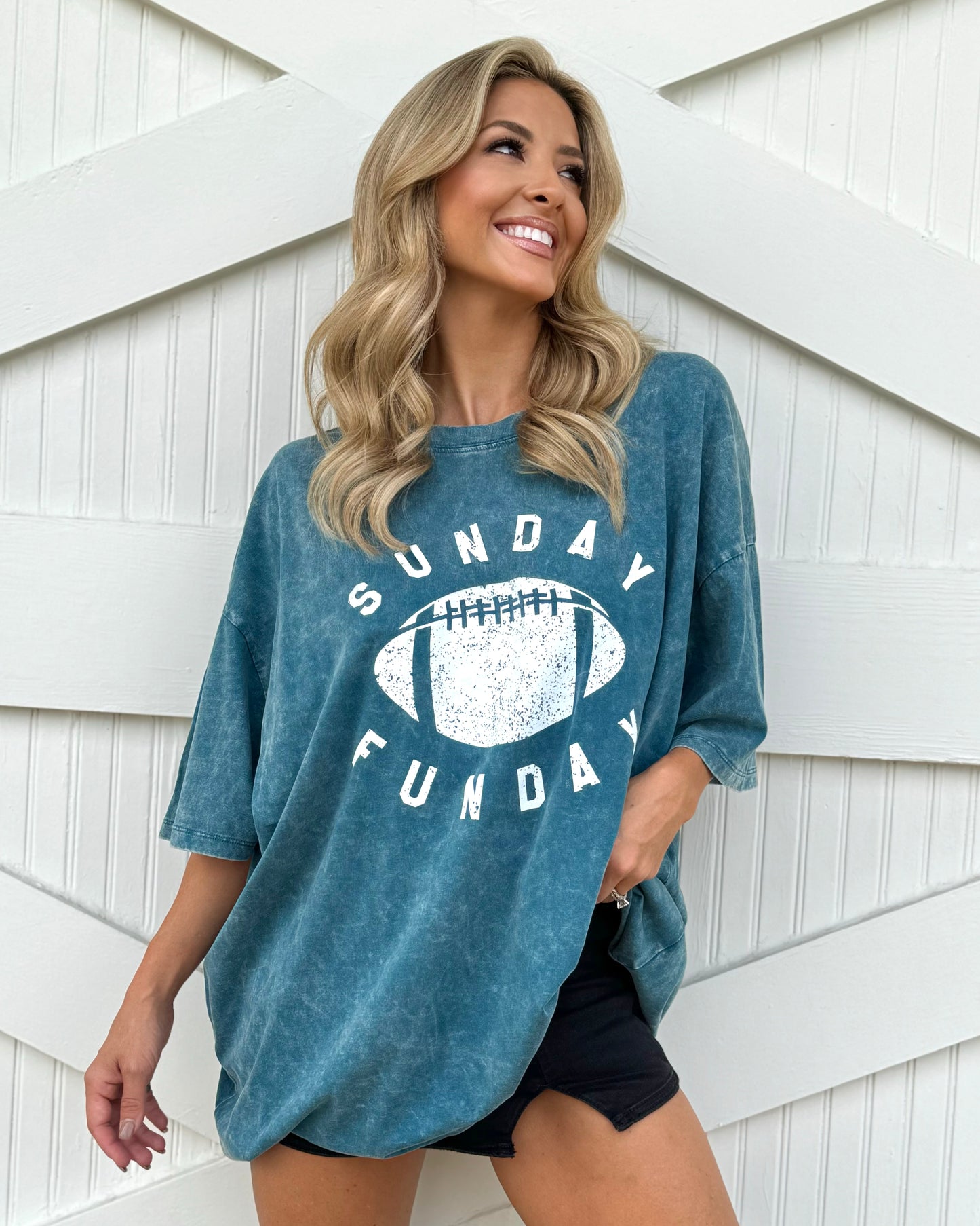 Teal "Sunday Funday" Oversized Mineral-Washed Football Tee