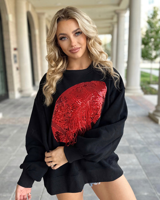 Black/Red Sequin Fringe Football Pullover (Ships 10/20) - Live Love Gameday®