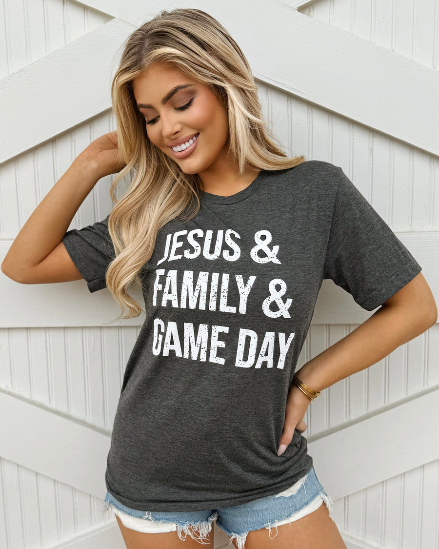JESUS & FAMILY & GAME DAY Unisex Dark Gray Super Soft Tee - Live Love Gameday®