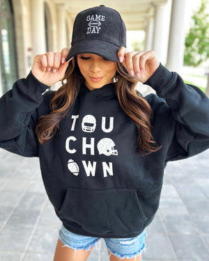 TOUCH DOWN Black Cozy Hoodie (Ships 9/30) - Live Love Gameday®
