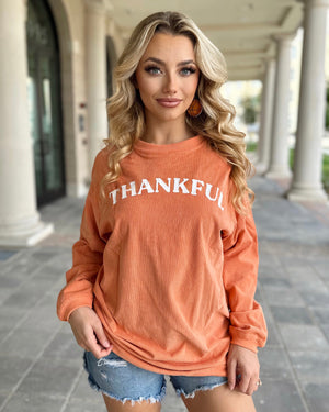 Orange Ribbed “Thankful” Pullover (Ships 9/20) - Live Love Gameday®