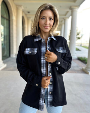 Black Plaid + Thermal Waffle Patchwork Shacket - Live Love Gameday®