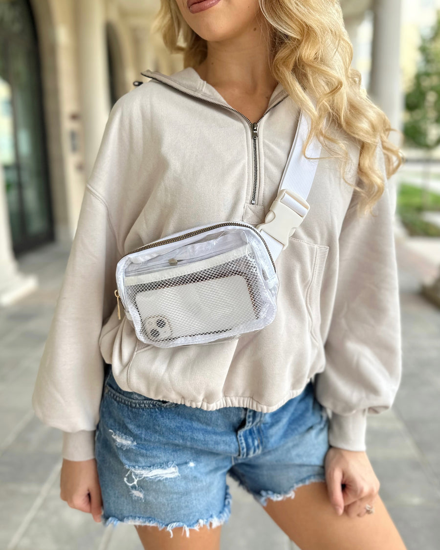 White Clear Waist Bag With Mesh Pockets Inside