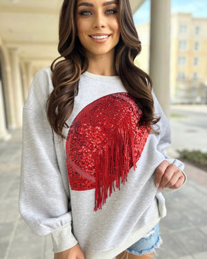 Gray/Red Sequin Fringe Football Pullover (Ships 10/20)