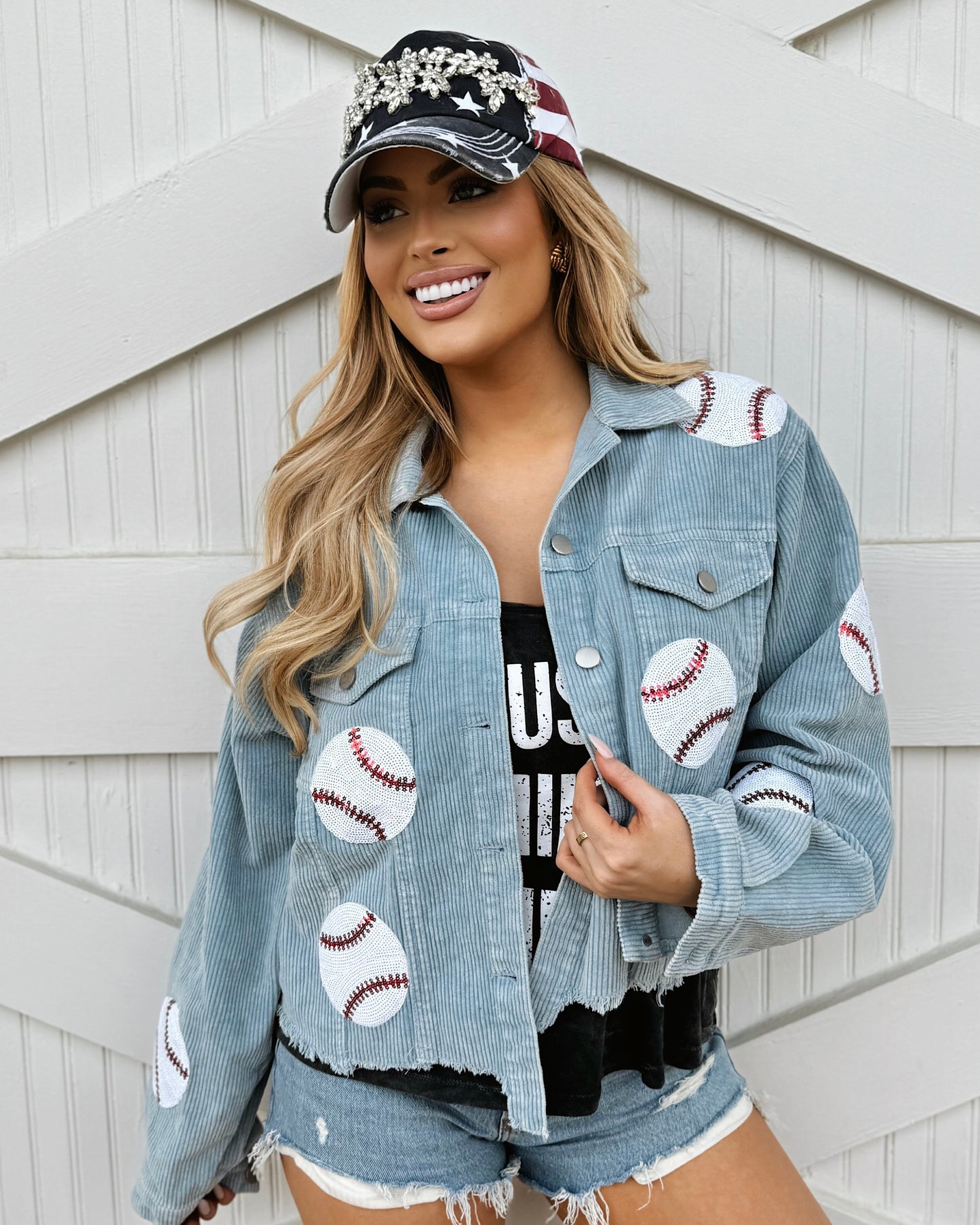 Pre-Order: Light Blue Sequin Baseball Corduroy Oversized Jacket (Ships Approx. 6/15) - Live Love Gameday®