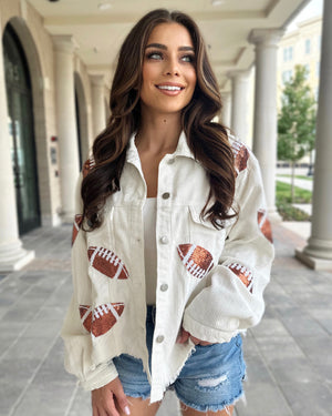 Cream Corduroy Sequin Football Cropped Jacket (Ships 9/30) - Live Love Gameday®
