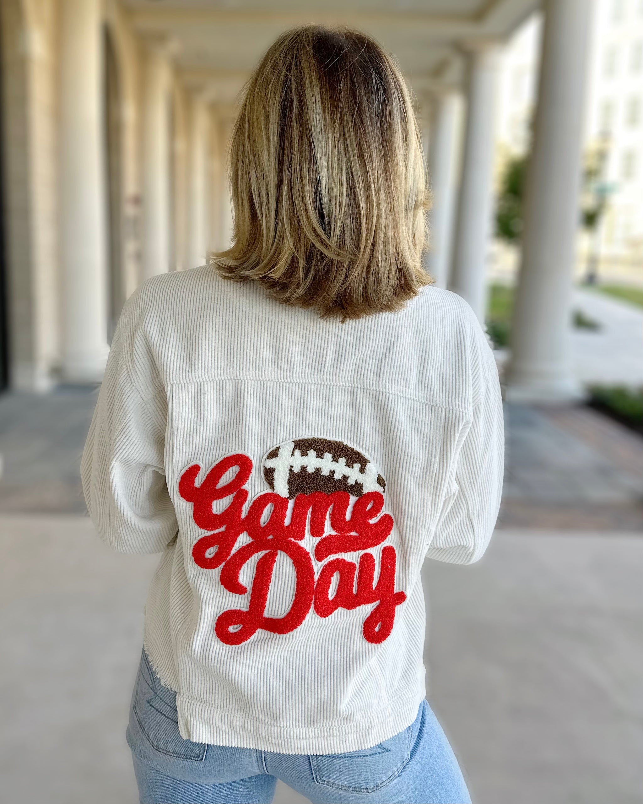 Red Football Script “GAME DAY” Cream Corduroy Jacket - Live