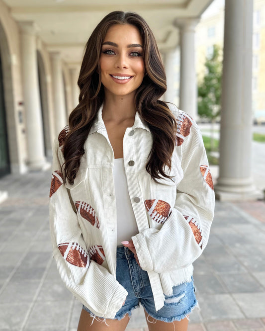 Cream Corduroy Sequin Football Cropped Jacket (Ships 9/30) - Live Love Gameday®