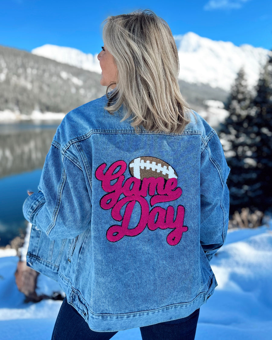 PINK Script GAME DAY Chenille-Patch Denim Jacket - Live Love Gameday®