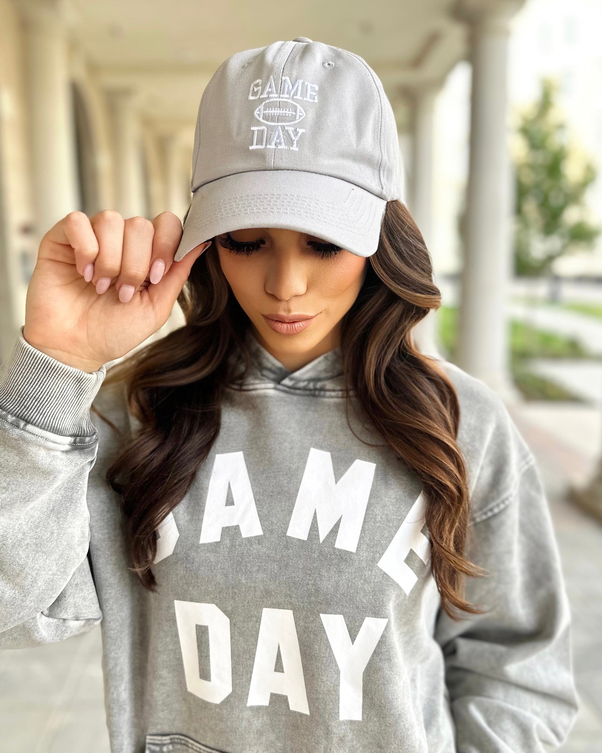 Taupe Gray Cotton Embroidered “GAME DAY” Football Cap (Ships 10/15) - Live Love Gameday®