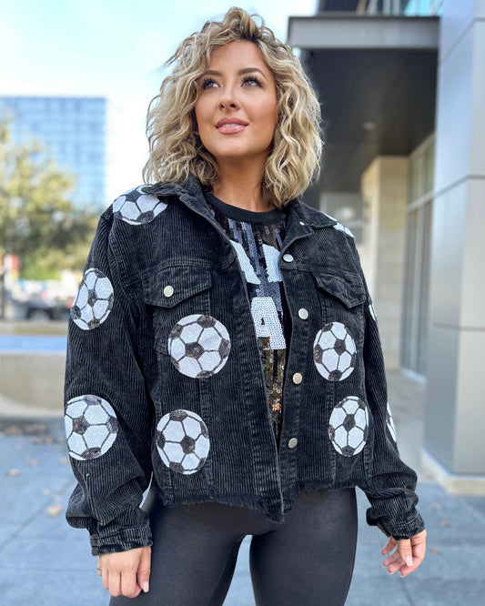 Soccer Black Corduroy Sequin Cropped Jacket (Ships Approx. 12/15) - Live Love Gameday®