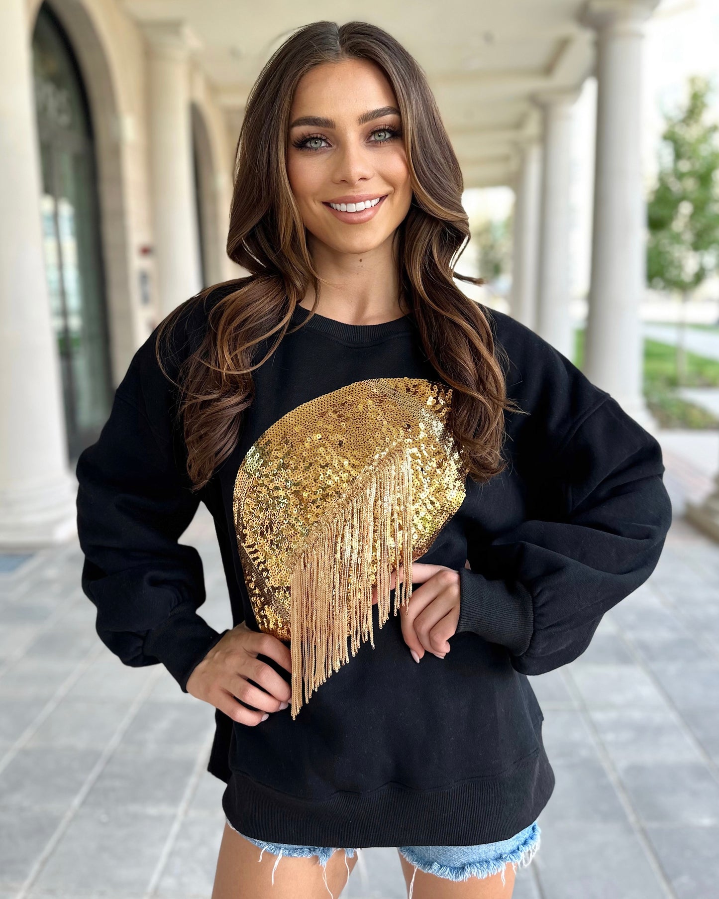 Black/Gold Sequin Fringe Football Pullover (Ships 10/20) - Live Love Gameday®