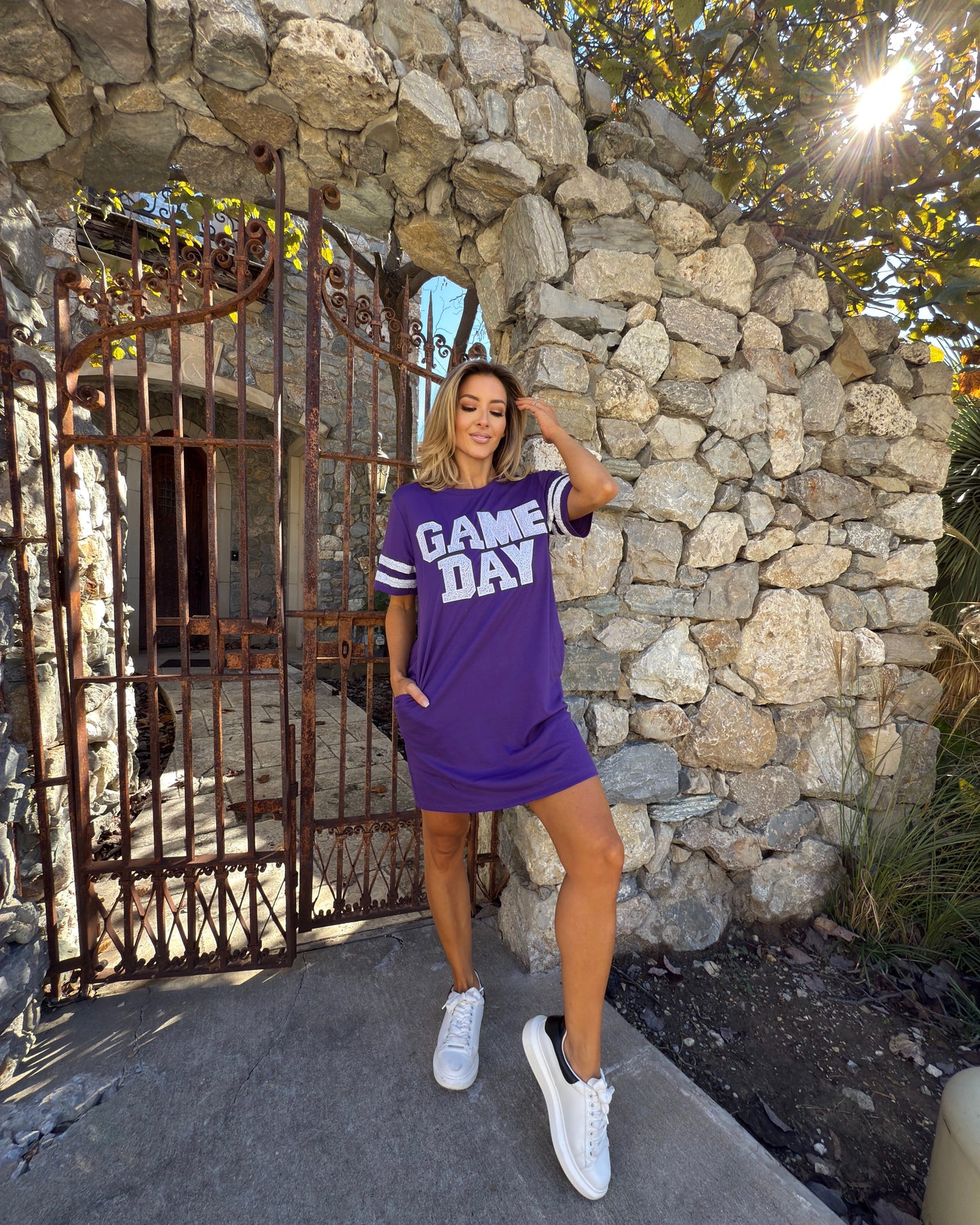 Purple Sequin Game Day Dress With Pockets