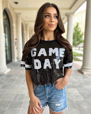 Black Sequin “GAME DAY” Crop (Ships 10/15) - Live Love Gameday®