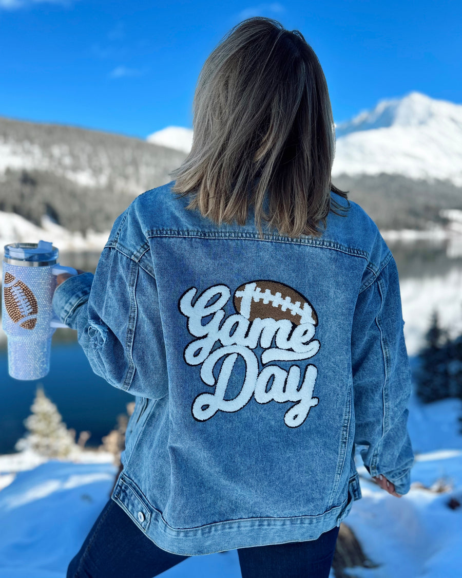 WHITE Script GAME DAY Chenille-Patch Denim Jacket - Live Love Gameday®
