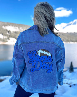BLUE Script GAME DAY Chenille-Patch Denim Jacket - Live Love Gameday®