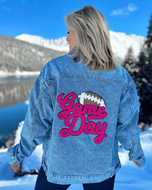 PINK Script GAME DAY Chenille-Patch Denim Jacket - Live Love Gameday®