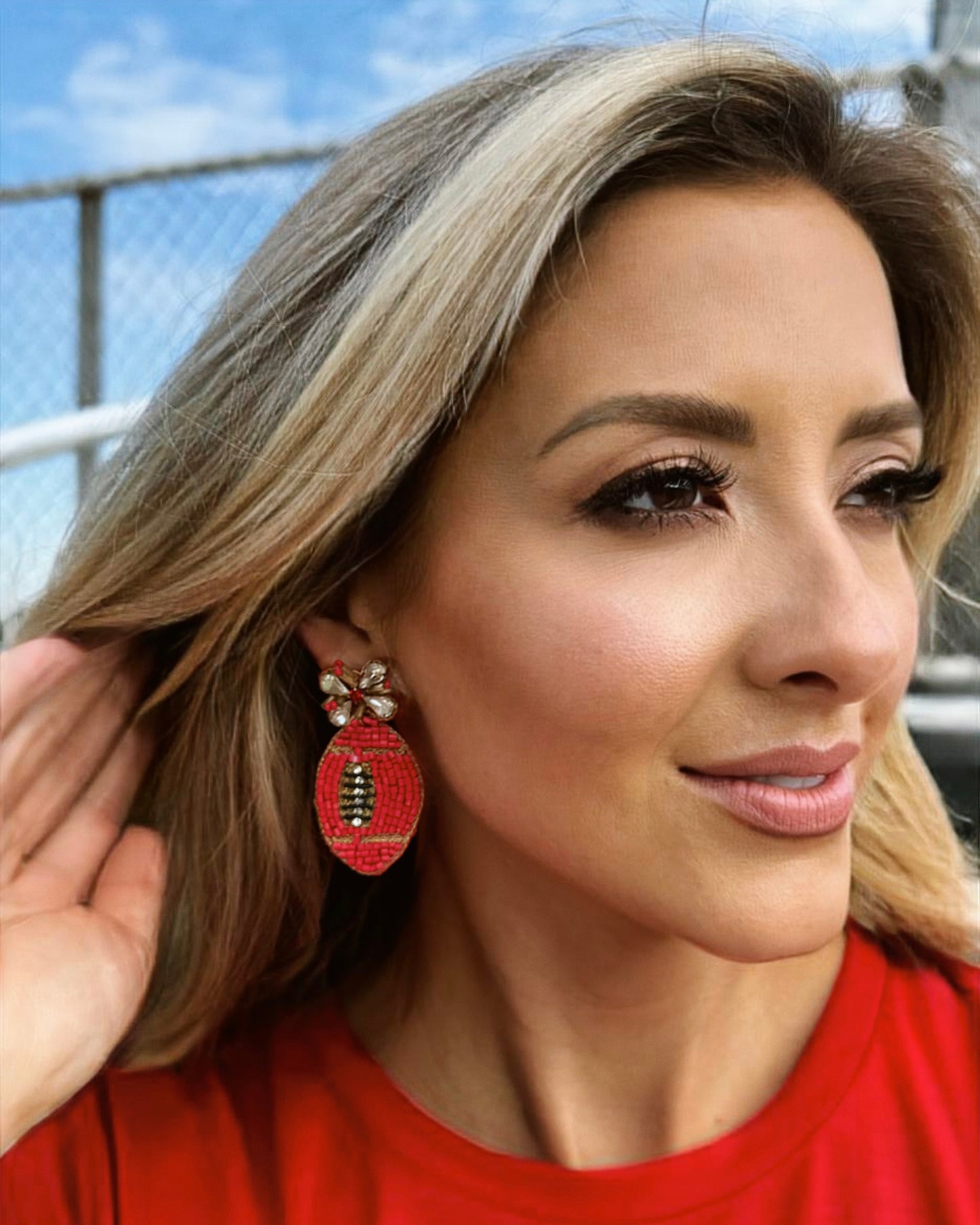 Red/Gold Beaded Football Earrings