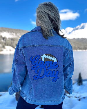 BLUE Script GAME DAY Chenille-Patch Denim Jacket - Live Love Gameday®