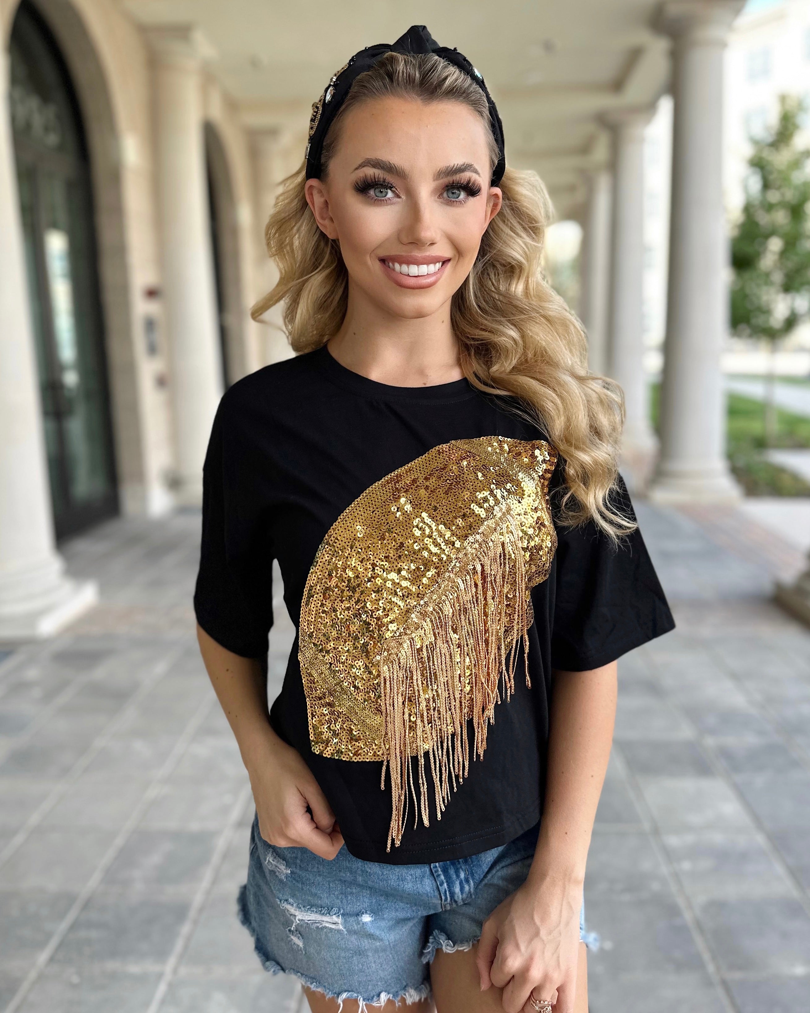 Black/Gold Cropped Sequin Fringe Football Tee – Live Love Gameday®