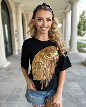 Black/Gold Cropped Sequin Fringe Football Tee (Ships 10/20) - Live Love Gameday®
