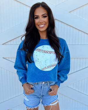 Vibrant Blue Distressed Red/White Baseball Cropped Pullover - Live Love Gameday®