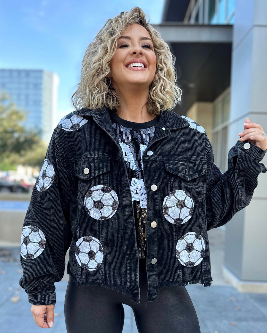 Soccer Black Corduroy Sequin Cropped Jacket (Ships Approx. 12/15) - Live Love Gameday®