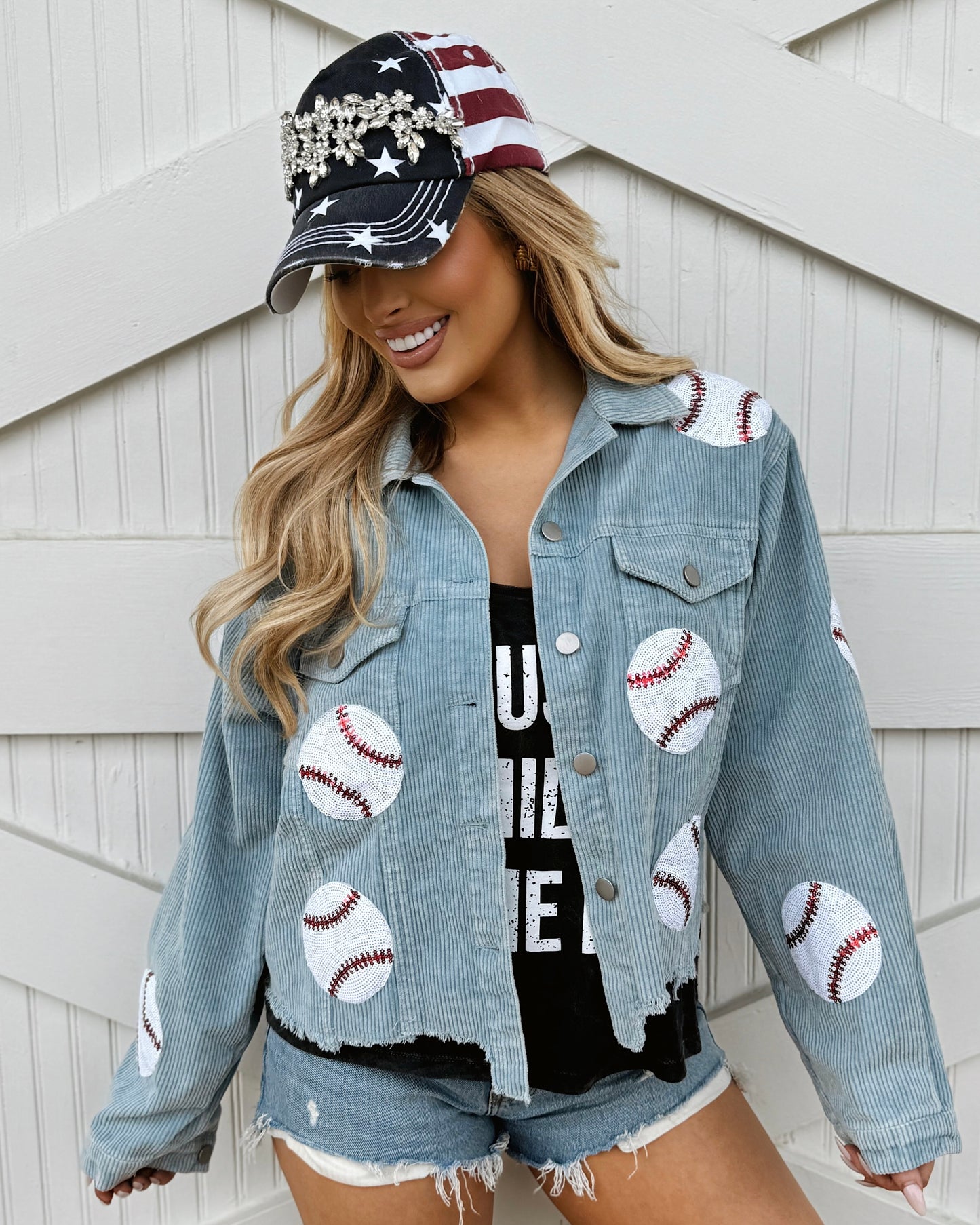 Pre-Order: Light Blue Sequin Baseball Corduroy Oversized Jacket (Ships Approx. 6/15) - Live Love Gameday®