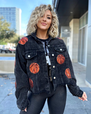 Basketball Black Corduroy Sequin Cropped Jacket (Ships Approx. 12/15) - Live Love Gameday®