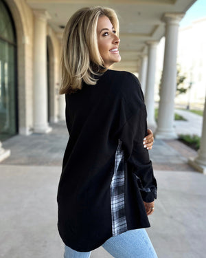 Black Plaid + Thermal Waffle Patchwork Shacket - Live Love Gameday®