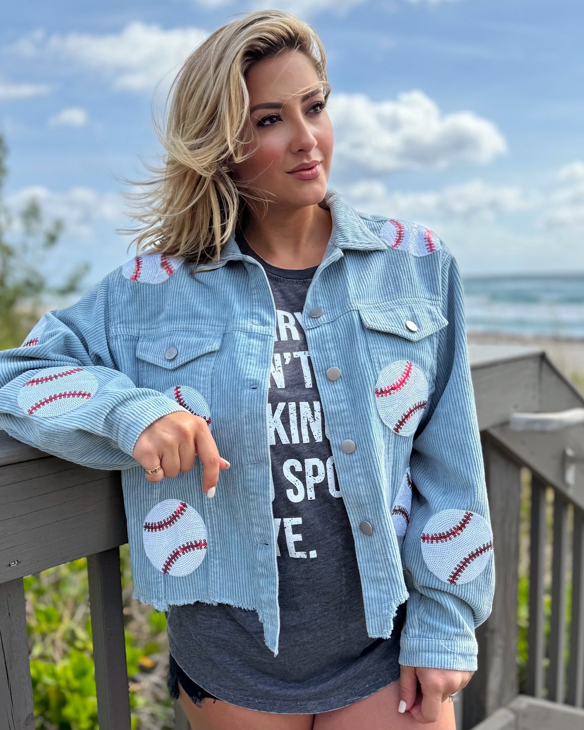 Pre-Order: Light Blue Sequin Baseball Corduroy Oversized Jacket (Ships Approx. 5/30) - Live Love Gameday®