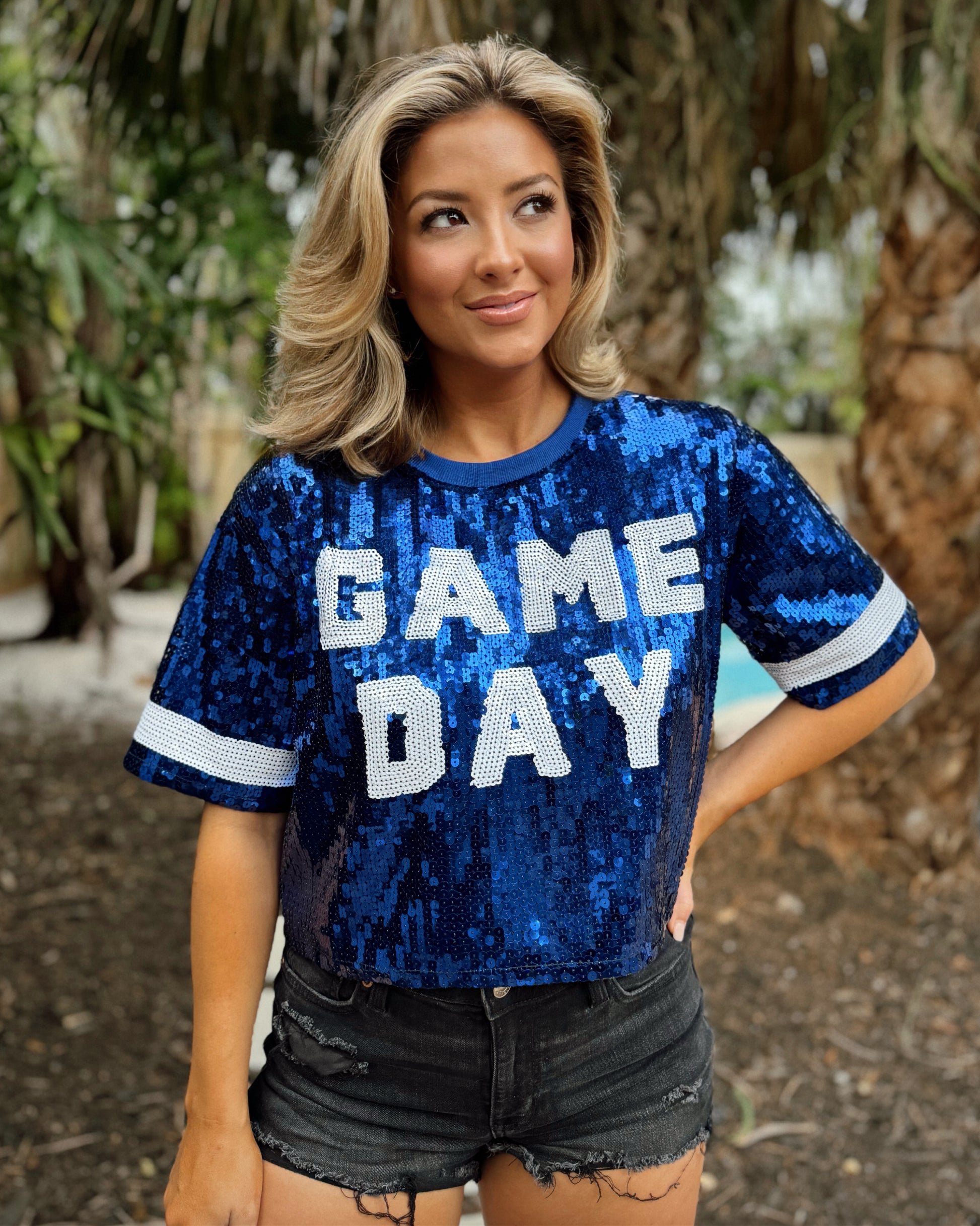 Blue Sequin “GAME DAY” Crop (Ships Approx. 2/15) - Live Love Gameday®