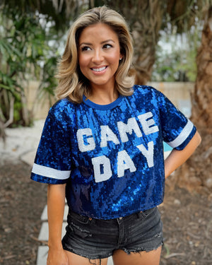 Blue Sequin “GAME DAY” Crop (Ships Approx. 2/15) - Live Love Gameday®
