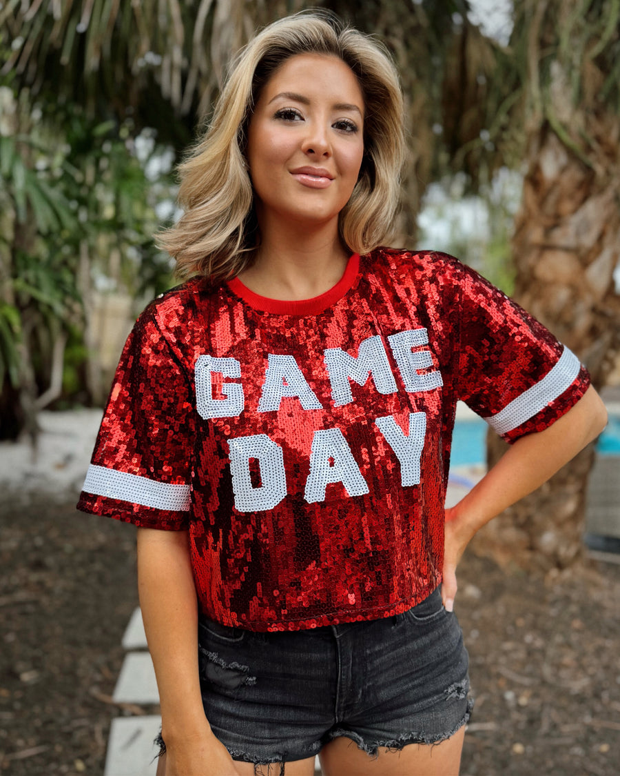 Red Sequin “GAME DAY” Crop (Ships Approx. 2/15) - Live Love Gameday®