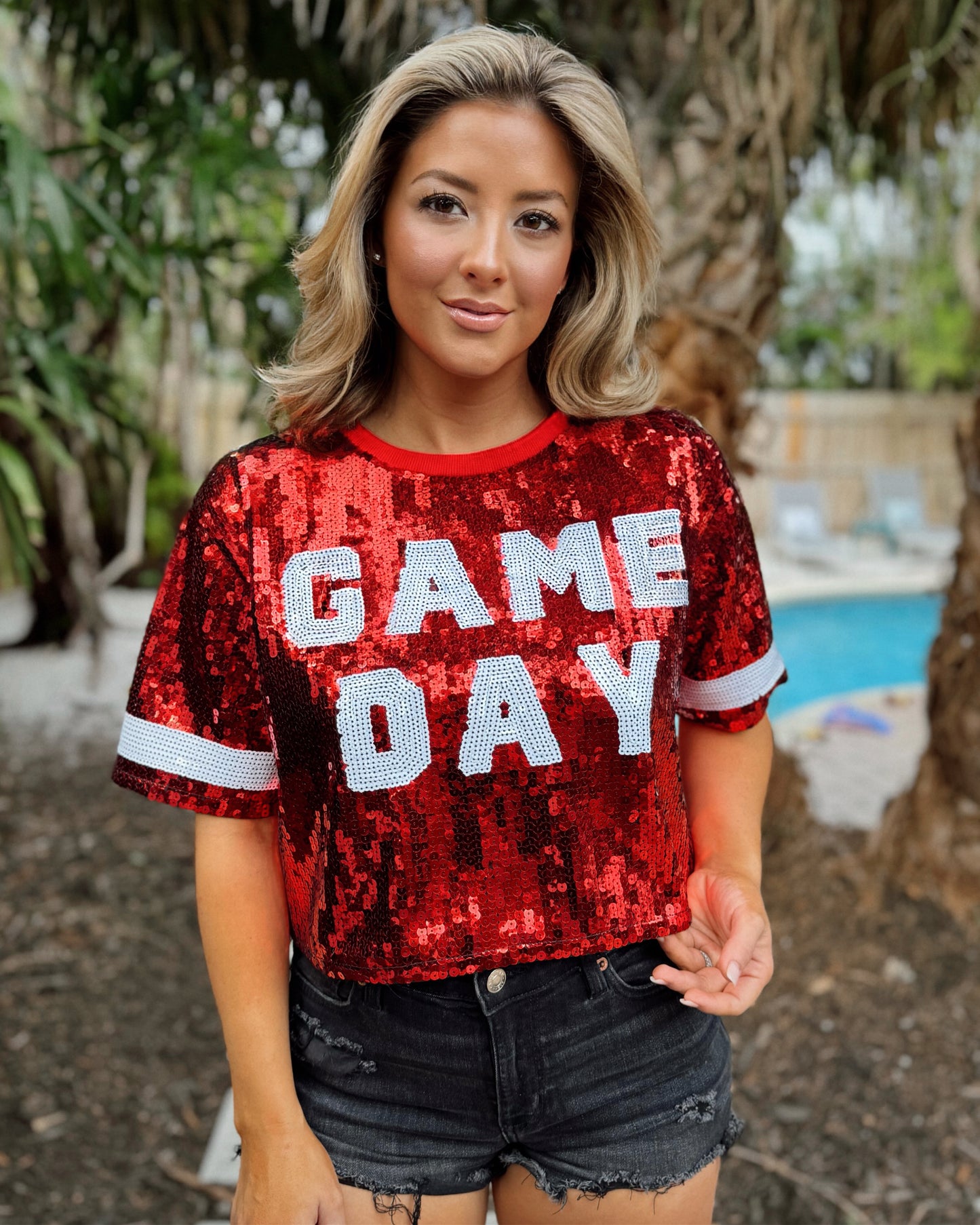 Red Sequin “GAME DAY” Crop (Ships Approx. 2/15) - Live Love Gameday®