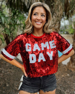 Red Sequin “GAME DAY” Crop (Ships Approx. 2/15) - Live Love Gameday®