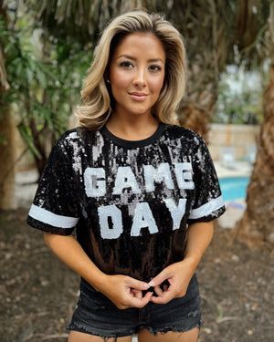 Black Sequin “GAME DAY” Crop (Ships Approx. 2/15) - Live Love Gameday®